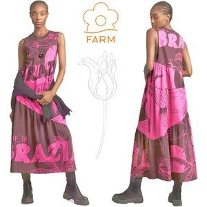 Farm Rio Tiered Brazil Toucan T-Shirt Midi Dress Pink Brown
